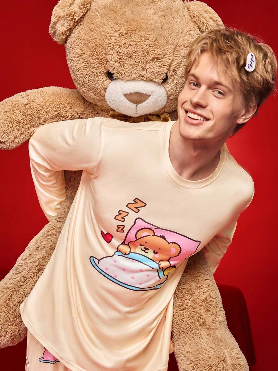 FamilyFrolics 男士可爱小熊印花圆领长袖上衣和裤子家居服套装,冬季服装 - 彩色 - 查看 1