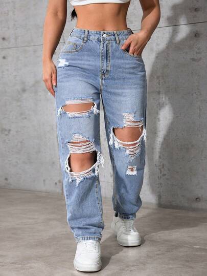 SHEIN ICON Jeans holgados de talle alto lavados y desgastados para uso casual diario en tallas grandes