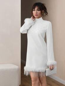 CLARA VERO Women All White Rhinestone Detailed Long Sleeve Feather Detailed Dress - White - View 4