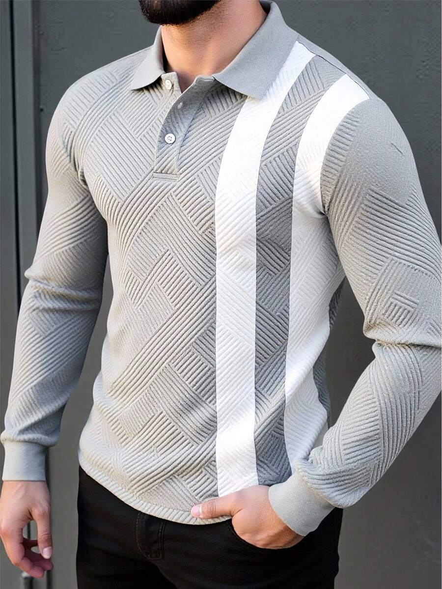 Manfinity Homme 男士长袖条纹休闲通勤 Polo 衫 男士针织衫 男士长袖 Polo 衫 男士纽扣针织 Polo 衫 白色和灰色衬衫 男士橄榄球长袖衫 - 灰色 - 查看 1