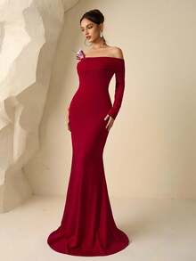 Coutiva Women's Asymmetric Neck Long Sleeve Mermaid Hem Fitted Elegant Luxurious Heavily Embellished Burgundy Wine Red One Shoulder Formal Evening Gown Dress - Burgundy - View 9