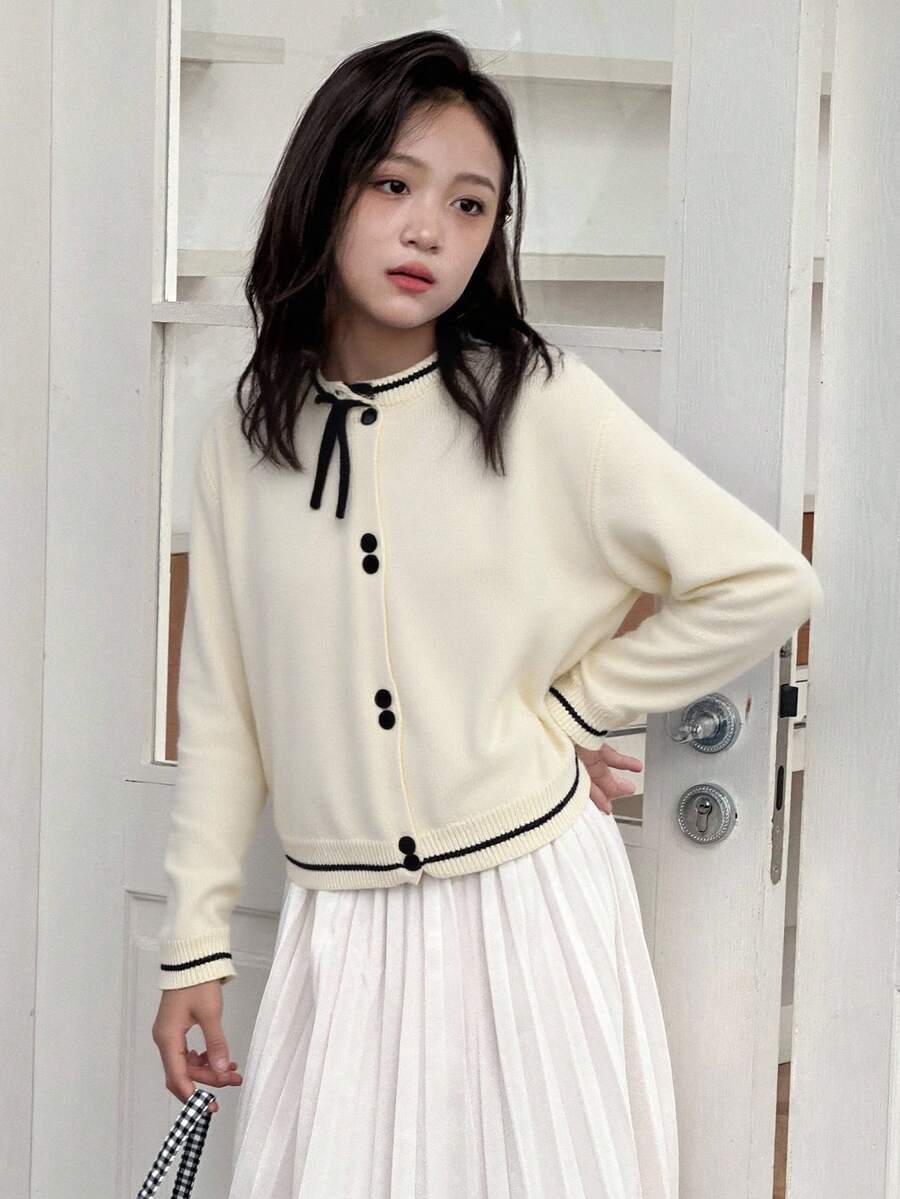 DAZY 少女休闲撞色滚边开衫,秋冬季 - 米色 - 查看 1
