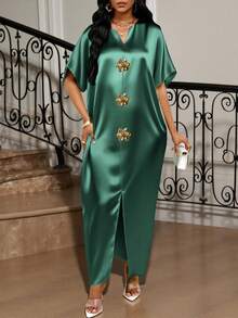 SHEIN Lady Holiday Dresses Four Season/Wedding Guest/ Attire/Prom Dress/Gold /Dinner Outfit/Gold Women's Satin Jacquard Front Slit Dress, Casual Party Elegant,Dresses For Women Elegant - Green - View 6