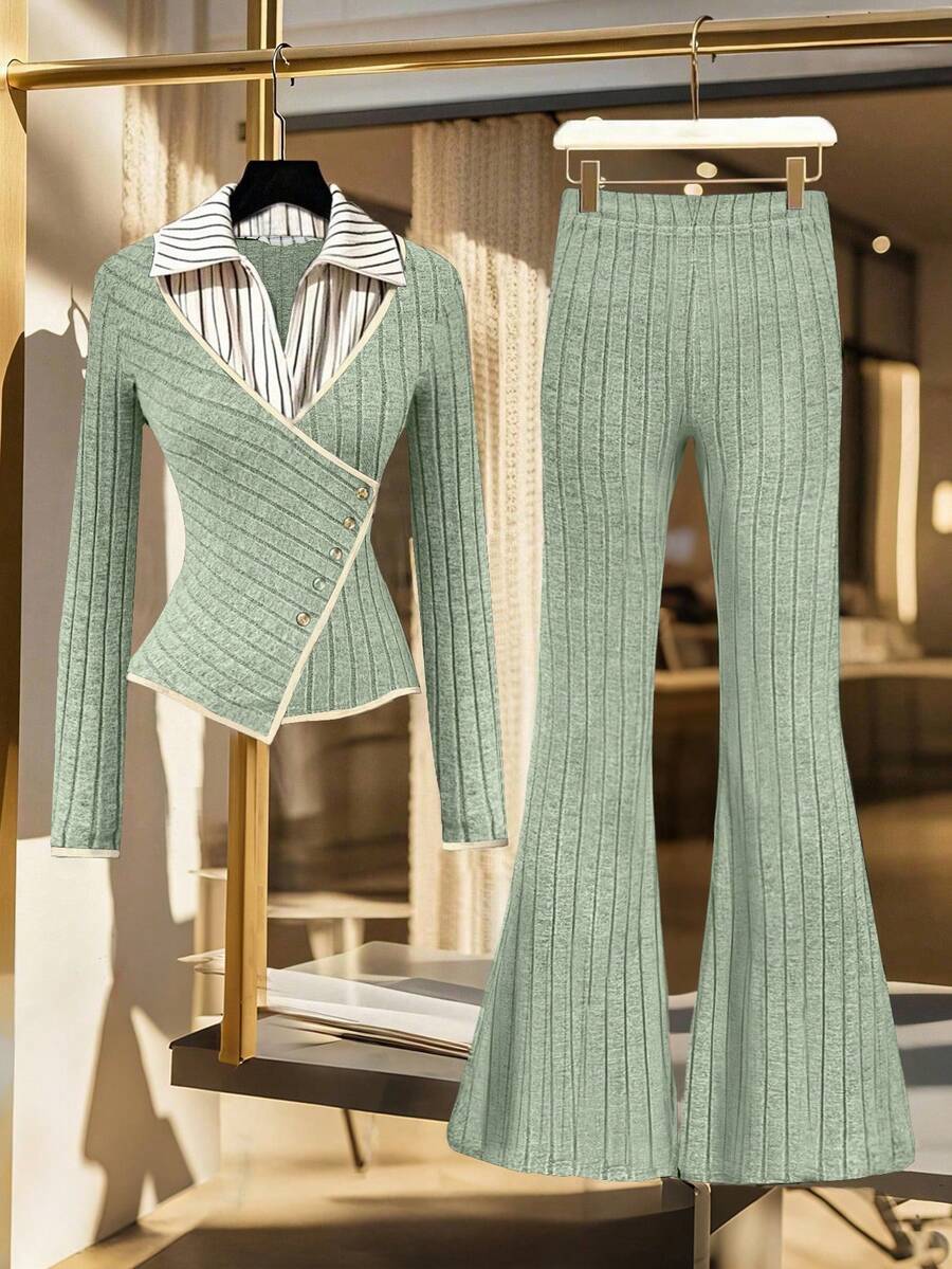 Franclia Trang phục đi làm thời trang thường ngày đa năng dành cho nữ mùa thu/đông: Áo sơ mi kẻ sọc cổ bẻ co giãn màu đen, eo bo thon gọn 2 trong 1, đồng phục giáo viên, áo phông dài tay thu/đông nữ, quần ống loe ôm vừa vặn màu đen, eo bo thon gọn thu/đông nữ, bộ đồ 2 món thu/đông nữ - màu xanh lá - Xem 1