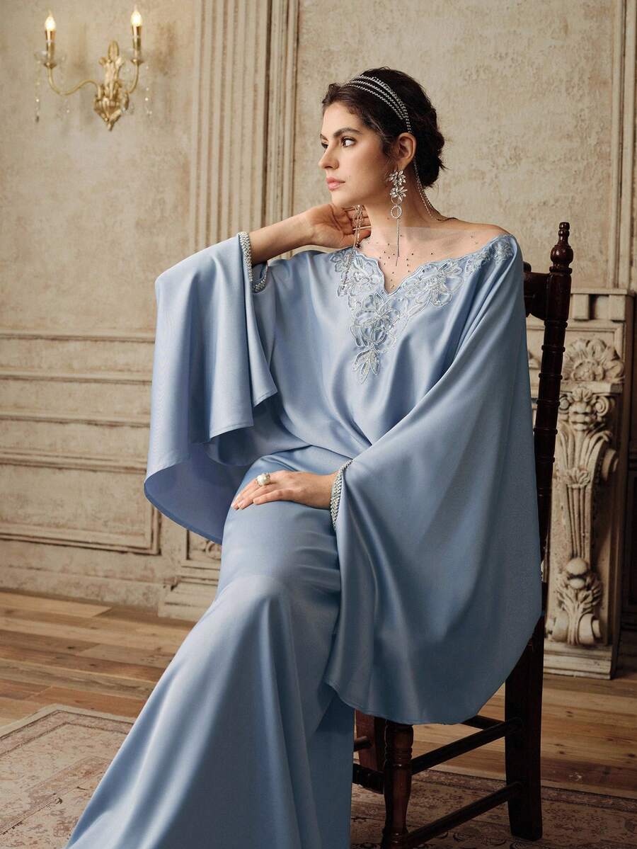 Anewsta Bộ đồ 2 mảnh sang trọng màu xanh dương mới dành cho nữ, gồm áo sơ mi dáng rộng đính hạt và chân váy. - Màu xanh lam - Xem 1