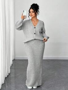 Elenzga Plus Size Solid V-Neck Button Front Long Sleeve Cardigan & Skirt 2 Pieces Set - Light Grey - View 6