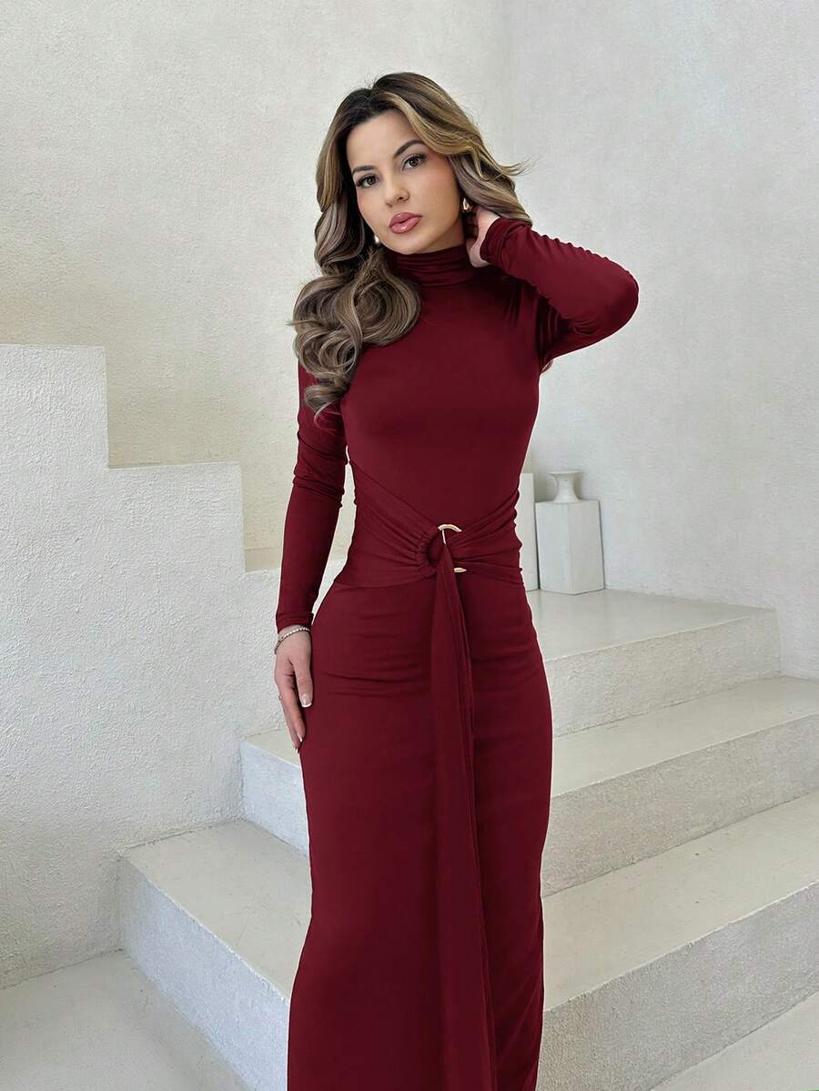 Jemour New Slim Fit Thermal Stand Collar Long Sleeve Cinched Waist Extra Long Versatile Dress, Autumn/Winter - Burgundy - View 1