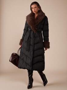 SHEIN BAE 女式冬季休闲通勤加厚外套，人造毛领，系腰带，长款 - 綠色 - 查看 1