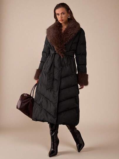 SHEIN BAE Vadderad vinterkappa för pendlare med fuskpälskrage, skärp i midjan och lång längd för damer