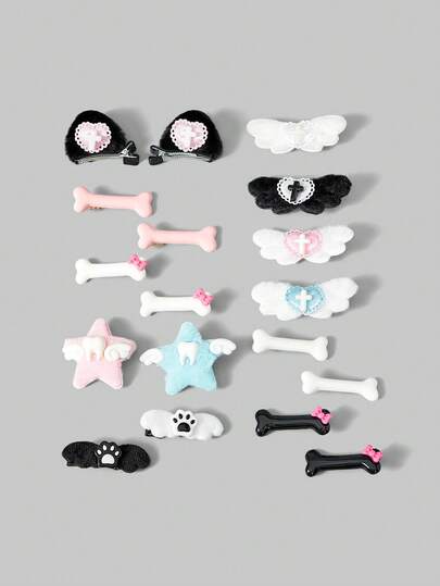 Kawaii 18 Random Styles, Cute Style, Colored Hairpins, Handmade Wing Bones, Star Bows, Teeth, Crosses, Cat Claw Element Combination, Small Hairpins, Lolita Hair Accessories Combination.