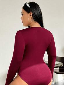 SHEIN EZwear 大码女式红色圆领长袖休闲T恤连体衣 - 紅色 - 查看 2