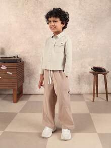 SUMWON 男童罗纹抽绳工装裤，侧边口袋，宽松休闲套穿裤，适合春夏假期穿着 - 卡其色 - 查看 5