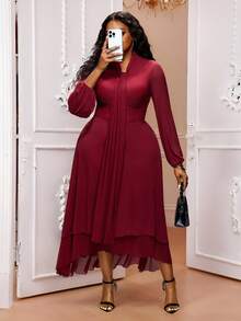 Truni Robe élégante à manches longues pour femmes grandes tailles, de couleur unie avec un design de col torsadé. Idéale pour la saison d'hiver et pour les morphologies en forme de poire. - Rouge - Voir 5