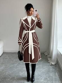 SHEIN Elenzya 优雅奢华复古线条印花高端撞色拼接女式外套，适合派对穿着 - 彩色 - 查看 1