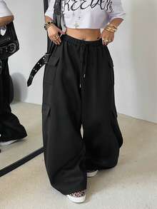 POPSWAY 大码女式纯色抽绳腰阔腿抓绒运动裤 - 黑色 - 查看 1
