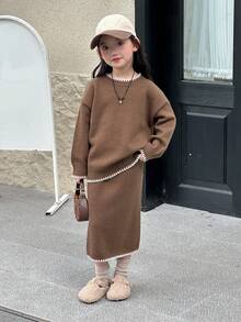 DAZY Young Girl Casual Color Block Trim Crew Neck Sweater + Knit Skirt Set, Autumn/Winter - Brown - View 4