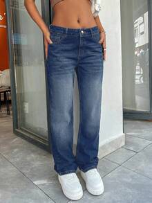 EURMUSE LOW RISE SLIM STRAIGHT CUT POCKET DETAIL VINTAGE WASH Y2K STYLE WOMEN JEAN - Medium Wash - View 4