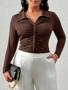 SHEIN Privé Plus Size Women's Casual/Office Commute Simple Solid Color Pleated Fitted Collared Long Sleeve T-Shirt, Spring/Autumn - Chocolate Brown - View 1