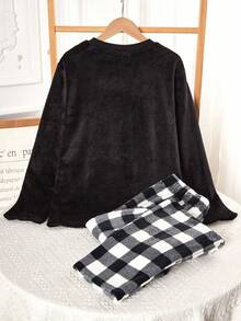 2件套青少年男童休闲格子图案长袖上衣和裤子家居服套装