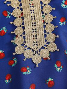 Middle Eastern Style Gold Lace Trim Loose Long Sleeve Dress,Blue Floral,Summer,Boho,Birthday - Blue - View 6