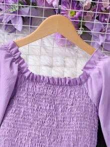 SHEIN Tween Girl Solid Color Square Neck Puff Sleeve Shirred Waist Ruffled Hem French Sweet Midi Dress - Purple - View 5