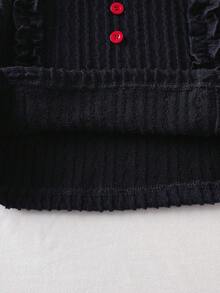 Elladie kids 2件組少女韓系甜美可愛荷葉領長袖紋理上衣 + 刺繡蝴蝶結裝飾直筒牛仔褲休閒運動套裝，適合假期、旅行、返校，春/秋/冬穿著 - 藏蓝色 - 查看 6