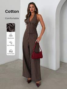 Aloruh Bộ vest mỏng cổ đứng kẻ sọc cotton, cài một hàng khuy, dành cho mùa thu/đông - màu nâu - Xem 2