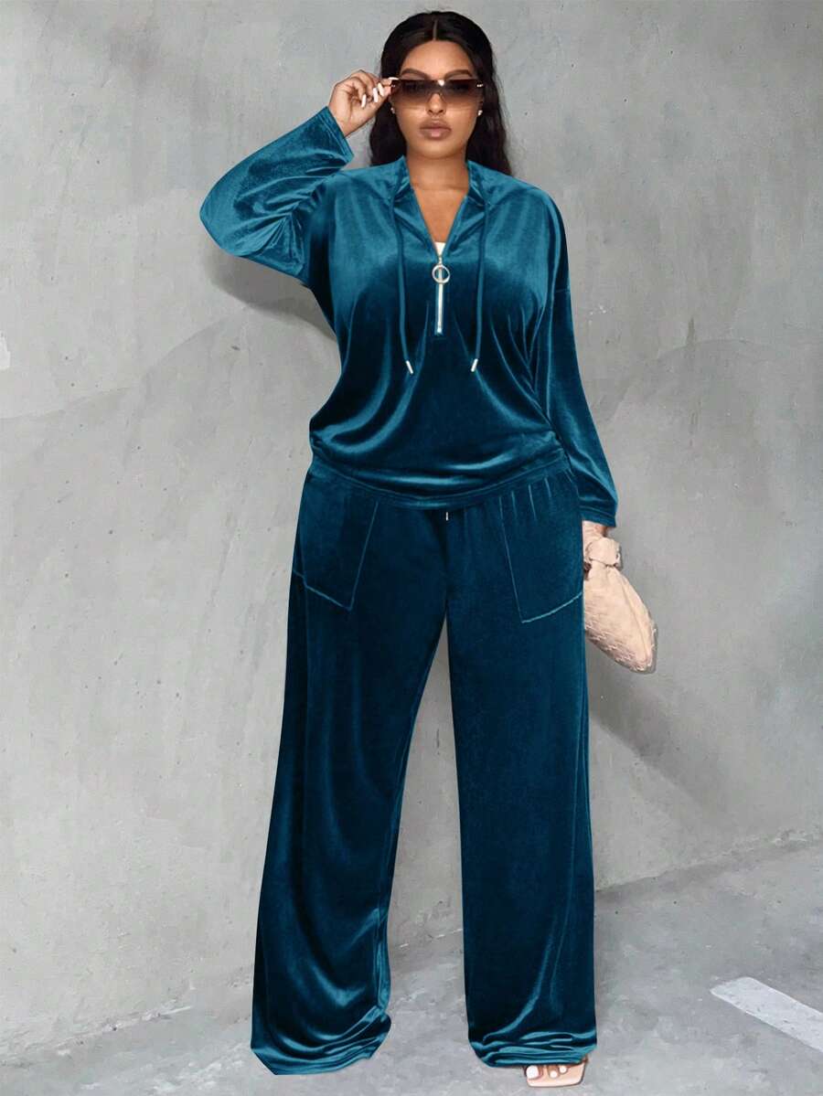 Slaydiva Bộ đồ thể thao thường ngày và mặc nhà màu nâu trơn, dáng rộng, vai rớt, gồm áo hoodie và quần dài ống rộng có túi, chất liệu nhung, dành cho nữ cỡ lớn, gồm 2 món. - Màu xanh lam - Xem 1