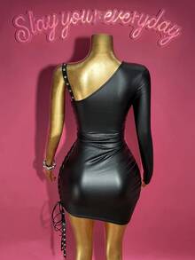Slaydiva 2025 Autumn/Winter New Year, Valentine's Day, Party, Banquet, Date, Birthday Party, College Style, Student Wear, Daily Casual, Basic Versatile, Leisure, Cruise Travel, Viral Sensation, Elegant Romantic Sexy Party, Sexy Women's Club Sexy Black PU Asymmetric Collar, Asymmetric-Shoulder, Side Seam Eyelet Tape, Ruched, Tie-Up, Mini Dress, Club Mini Dress, Autumn/Winter Dress, Women's Dress - Black - View 6