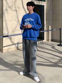 DAZY Hanorac bărbătesc cu imprimeu gros și guler rotund, albastru, toamnă/iarnă