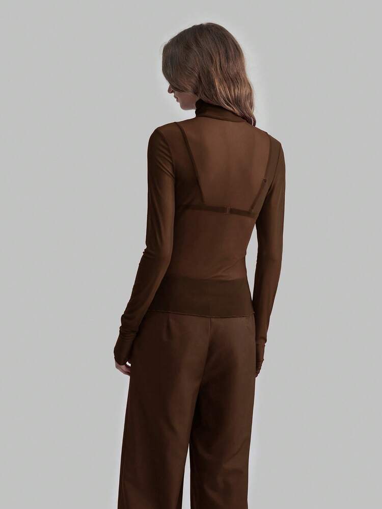 2026 Primavera/Verão Nova Top de Tricô Feminina de Manga Longa Ajustada com Gola Alta e Camadas Transparentes, Versátil para Transporte Urbano, Casual Business, Festa, Convidado de Casamento, Roupa de Praia de Férias - Castanho - Visão 2
