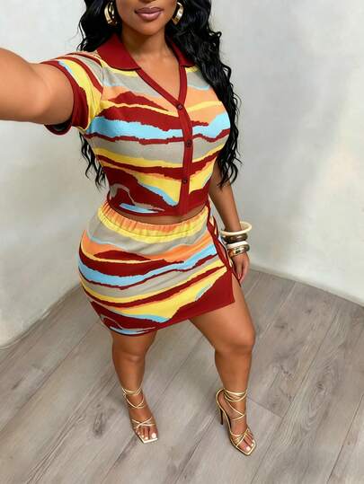 Slaydiva Two Pieces Set Of Plus Size Women's Vacation Decoration Collar Color Gradient Woolen Sweater, Suitable For Elegant Party Dresses/Women's Elegant Outfits/Daily Outfits/Banquets/Airport Outfits/Women's Thanksgiving Outfits/Sexy Outfits/Women's Vacation Outfits/Beach Outfits/Y2K