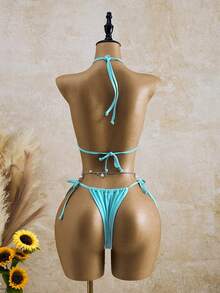 Bellisia 女士夏季沙滩水母吊带系带性感比基尼泳衣套装 - 藍色 - 查看 2