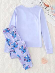 少女睡衣套装，贴身两件套 - 浅紫色蓝色史迪奇睡衣，温度变色史迪奇兔子印花圆领设计，浅紫色蓝色可爱史迪奇配色，保暖舒适面料，长袖圆领上衣+裤子，史迪奇兔子组合，社交媒体风格，可爱史迪奇春夏秋冬假日必备少女居家套装，儿童女孩睡衣，少女睡衣套装 - 淡紫色 - 查看 2