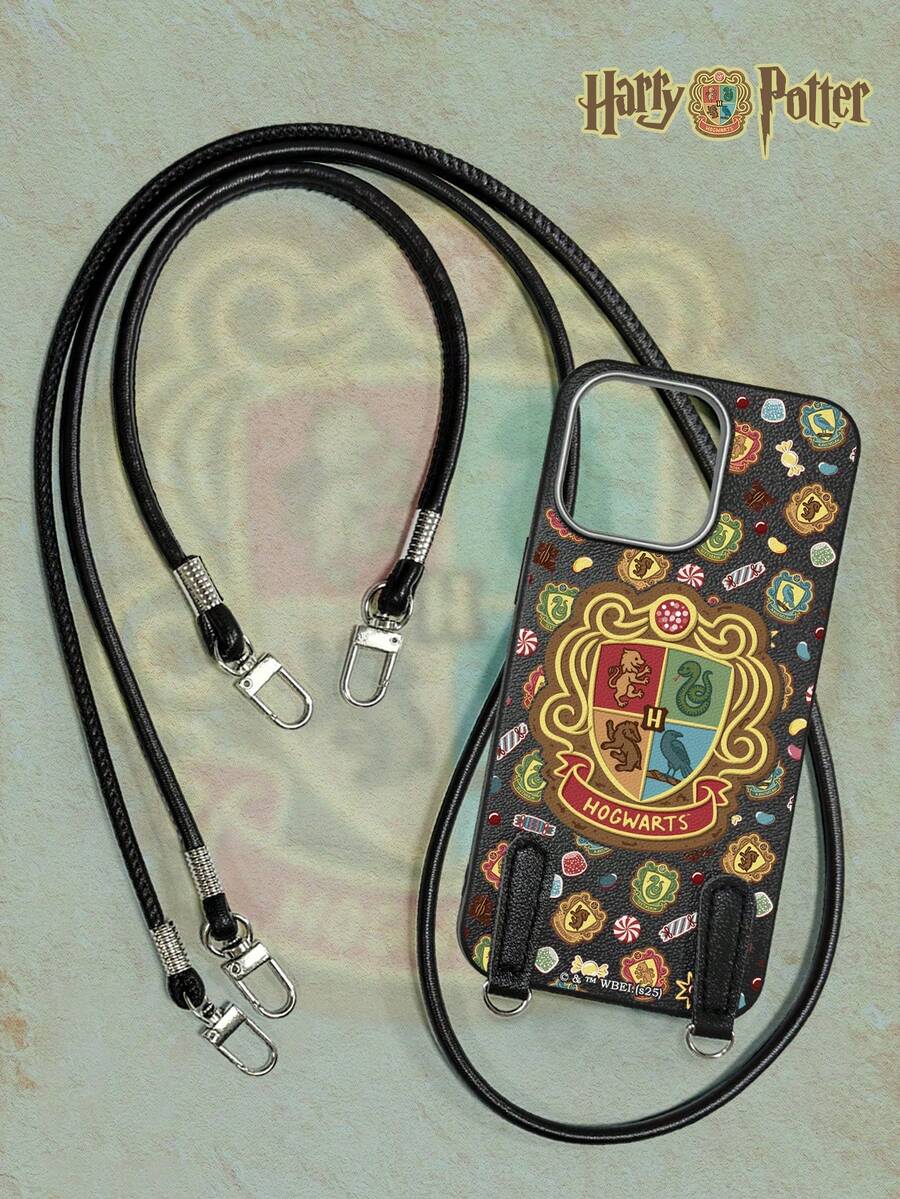 HARRY POTTER X SHEIN Wizarding World Themed Black Faux Leather Soft Phone Case With PU Long & Short Straps, Wizarding Academy & Candy Prints, Stylish Casual Style Compatible With IPhone & Galaxy, Perfect For Potter Fans Daily Use & Outings - Black - View 1