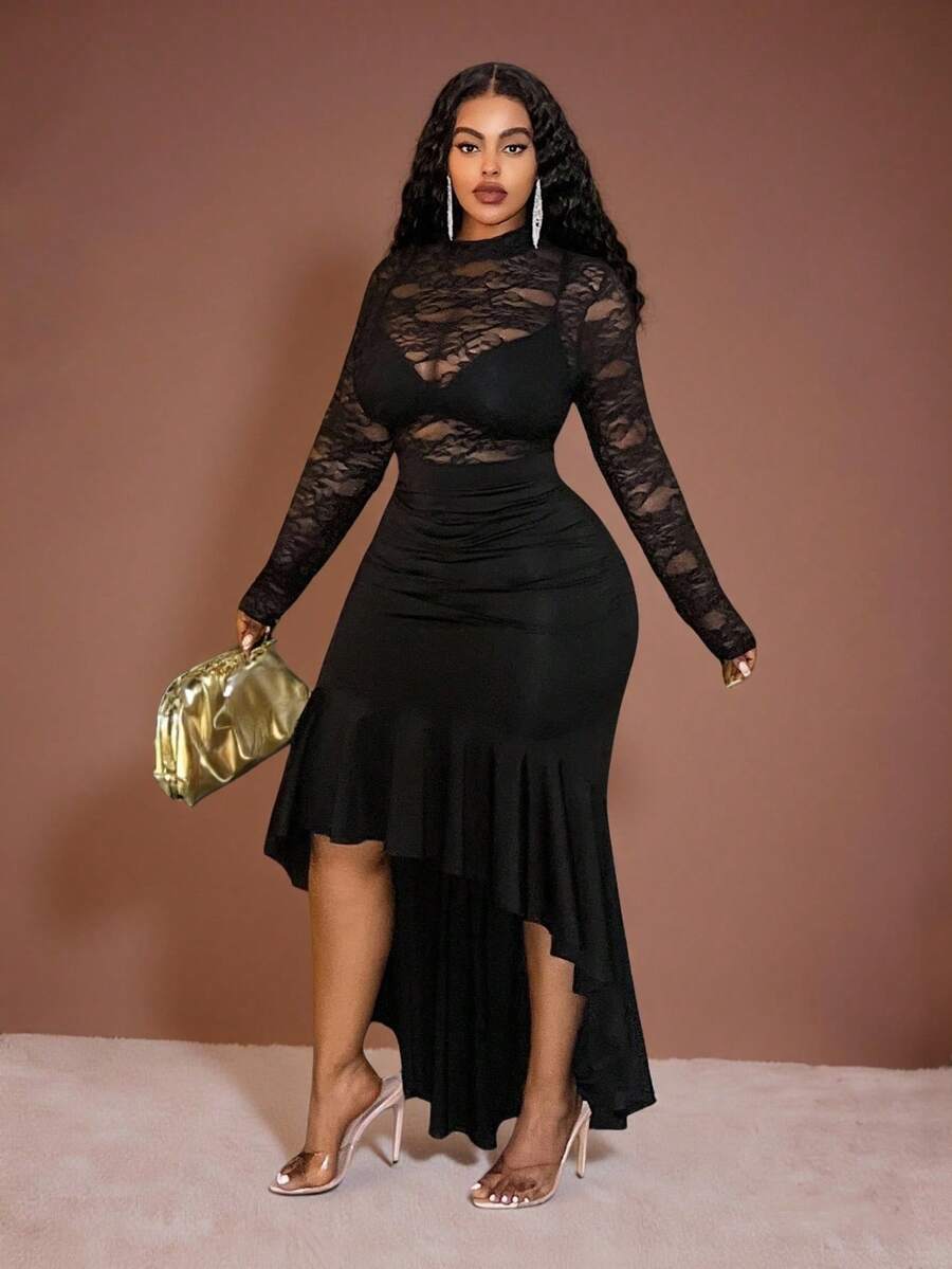 Veslaya Vestido ajustado de manga larga, transparente y con encaje en negro, con bajo de sirena elástico, ideal para fiesta, club, baile de graduación, reunión o cita. Nuevo lanzamiento de otoño/invierno 2025 para mujer de talla grande - Negro - Ver 1