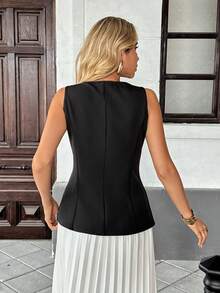 SHEIN PariChic Women's Elegant Commuter Solid Color Lace Trim Front Button Sleeveless Top - Black - View 2