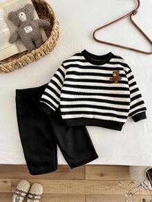 LMoss Kids 2pcs Baby Boy Striped Crew Neck Sweatshirt And Pants Set, Thermal Lined, Thickened, Autumn/Winter - Multicolor - View 4