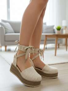 Alpargatas de plataforma con cintas al tobillo en beige: estilo natural y comodidad para cualquier ocasión - Beis - Ver 4
