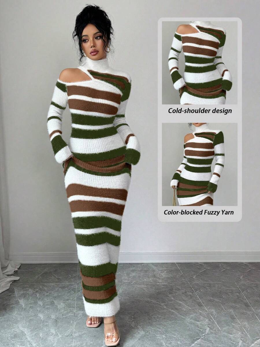 SHEIN Elenzya Váy len dệt kim ôm eo cổ lọ sọc nhiều màu thanh lịch, giản dị dành cho nữ, thích hợp để đi làm, mùa thu/đông - màu nâu - Xem 1