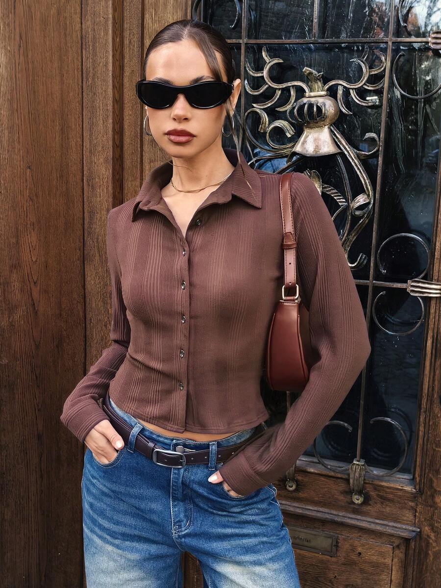 Chiquease Women's Solid Color Button-Up Short Sleeve Shirt - Chocolate Brown - View 1