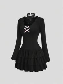 Sweetra 秋冬蕾丝V领甜美蝴蝶结层叠荷叶边下摆褶裥派对迷你连衣裙（女款）