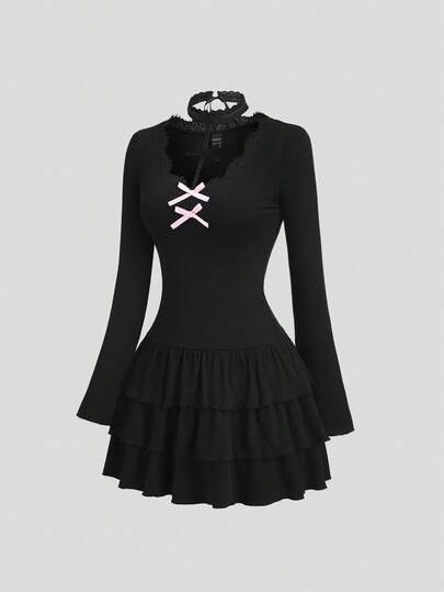 Sweetra 秋冬蕾丝V领甜美蝴蝶结层叠荷叶边下摆褶裥派对迷你连衣裙（女款）