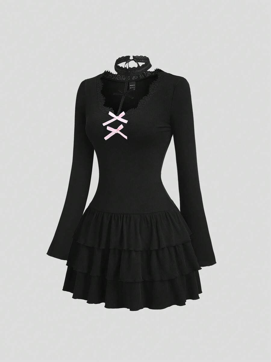 Sweetra 秋冬蕾丝V领甜美蝴蝶结层叠荷叶边下摆褶裥派对迷你连衣裙（女款）