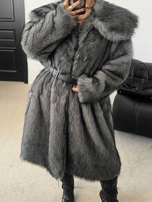 POPSWAY 加大码人造毛领长袖毛绒外套 - 灰色 - 查看 3