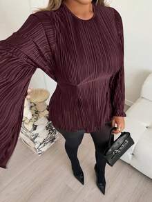 Xyvia 女士褶裥腰身优雅通勤约会衬衫，秋季款 - 酒紅色 - 查看 4