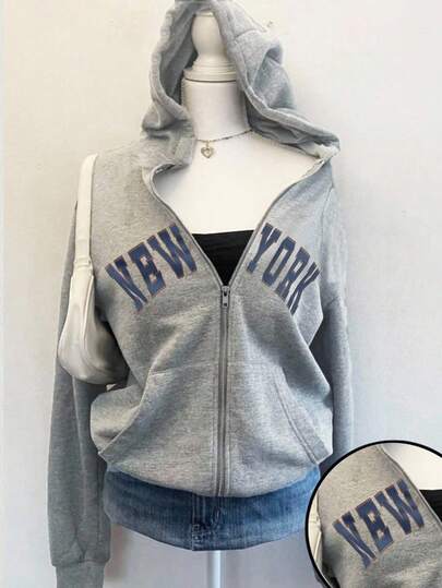 Autumn/Winter Teenager English Letter Print Hooded Zip-Up Jacket - Contrast Color Letter Print Mix Street Style, Warm Knit Fabric Suitable For Autumn/Winter, Casual Loose Fit, Comfortable Material, Fashionable Daily Wear!