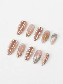 ROMWE Anime 10片可爱蝴蝶结音符星星元素高品质手工假指甲 + 3片双面胶，Y2K法式水钻链条波点可移除美甲贴纸，适合节日、派对、跳舞和日常佩戴 - 彩色 - 查看 2