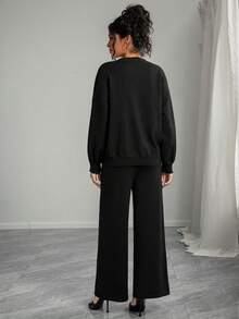 Momance 女士宽松针织套装，纯色上衣，前系带设计，秋冬开衫毛衣外套搭配纯色毛衣和裤子，孕妇毛衣套装 - 黑色 - 查看 2