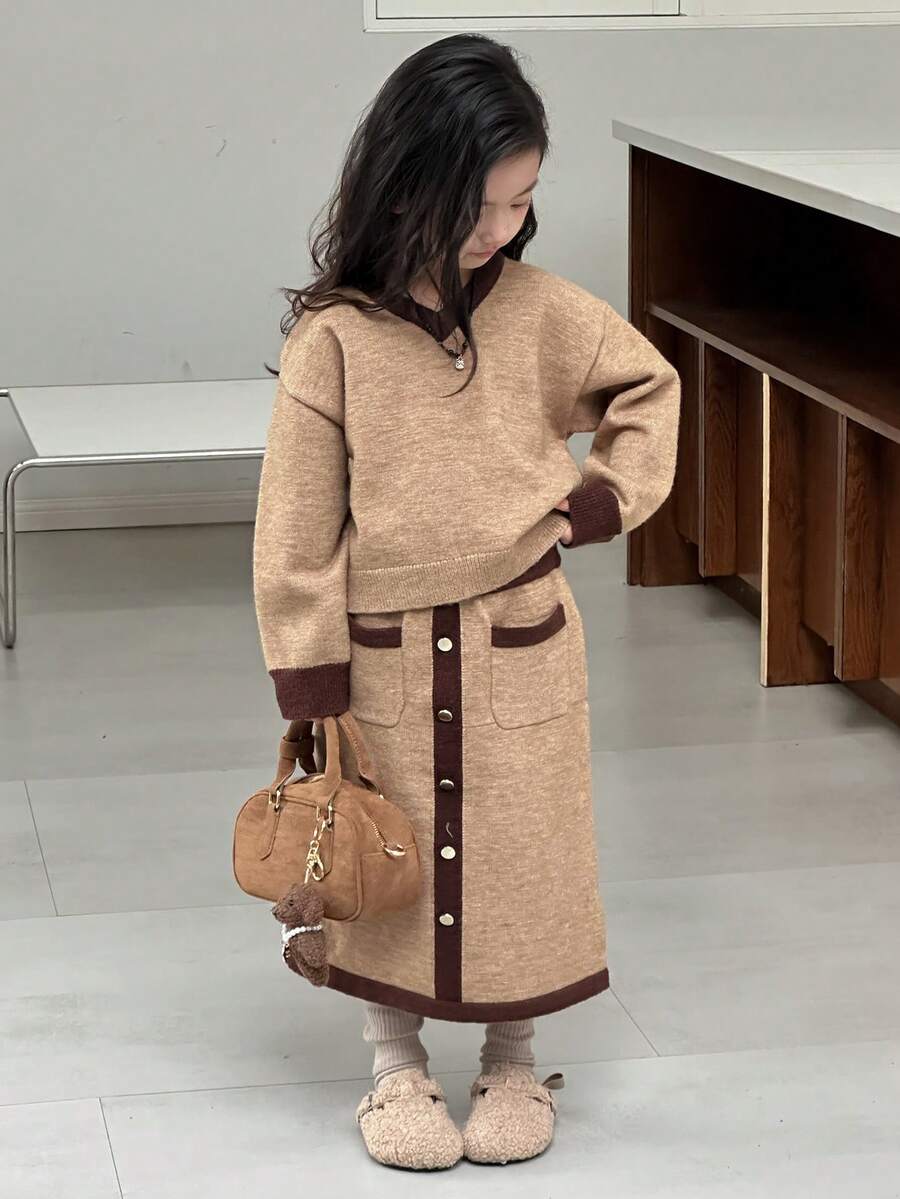 DAZY 女童休闲落肩毛衣半裙套装，秋冬季 - 棕色 - 查看 1